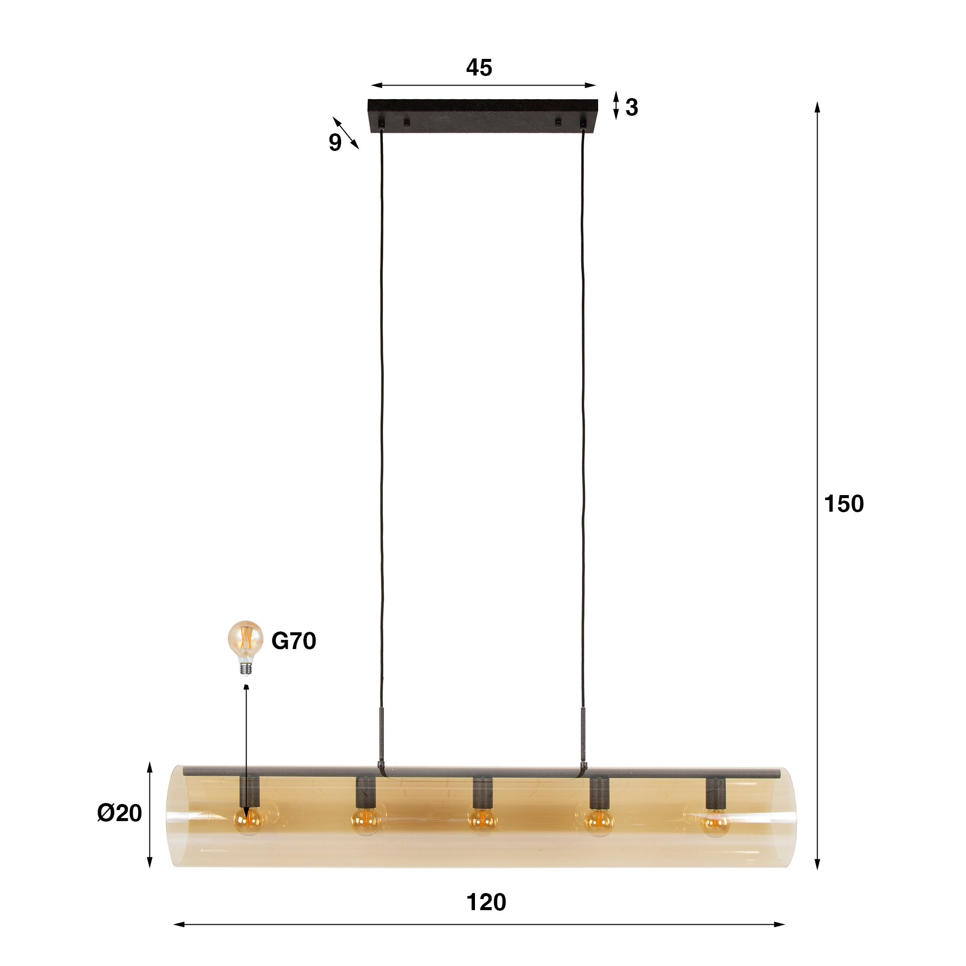 Industrial Hängelampe Tube Glas Amber 120 cm