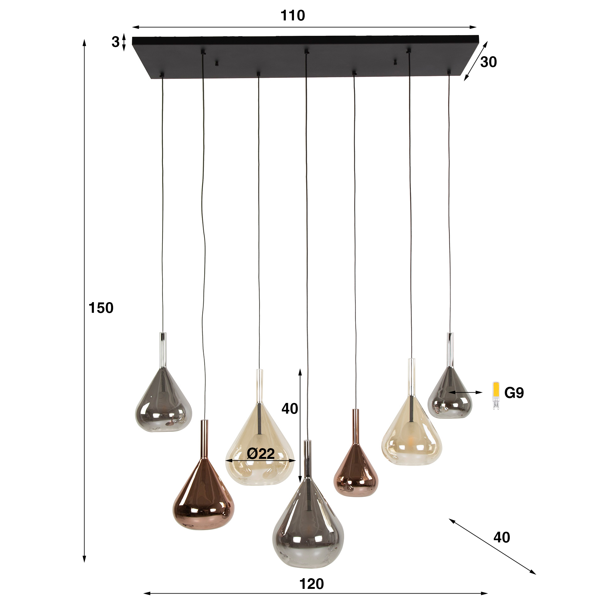 Retro Hängelampe Pendelleuchte 7 Wings Glas Bernstein Kupfer Chrom