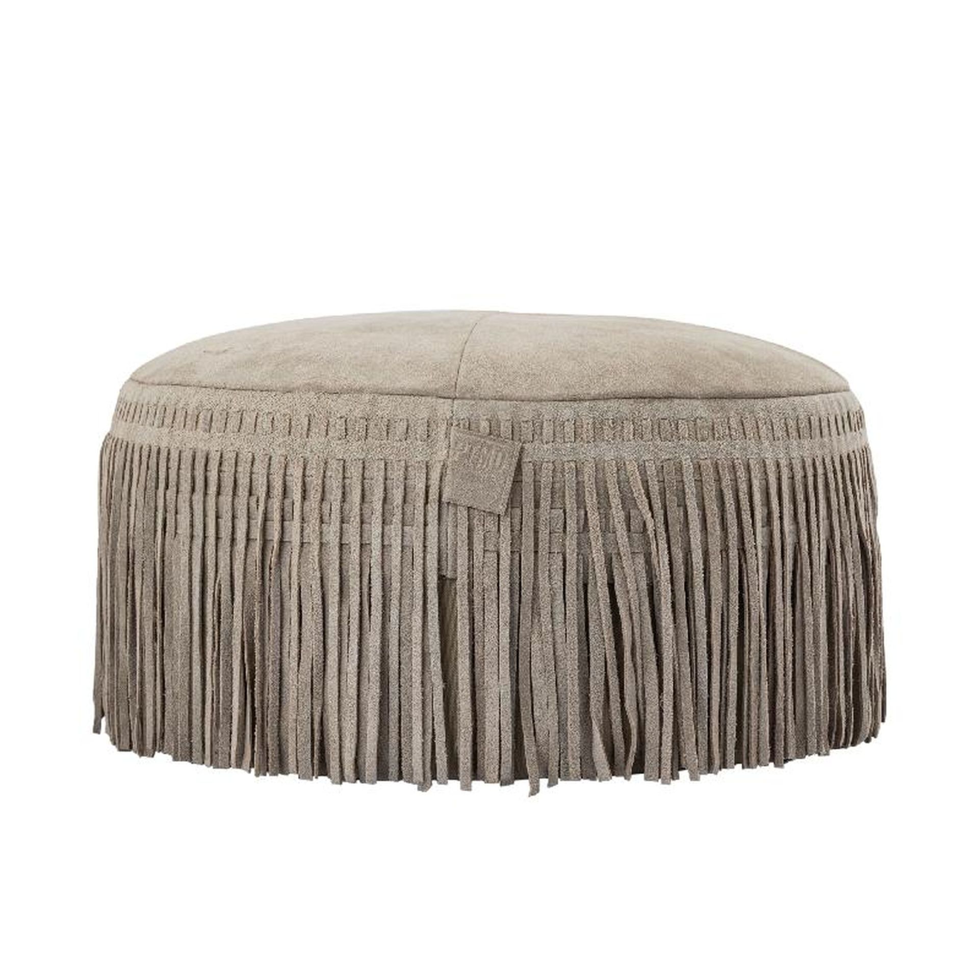 Hocker Leder Carla Pouf Taupe Fransen 50 Ø